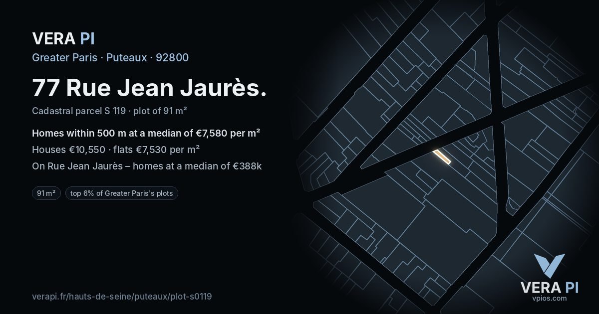 77 Rue Jean Jaurès, Puteaux at night – the plot lit, the parcels around coloured by the prices near them