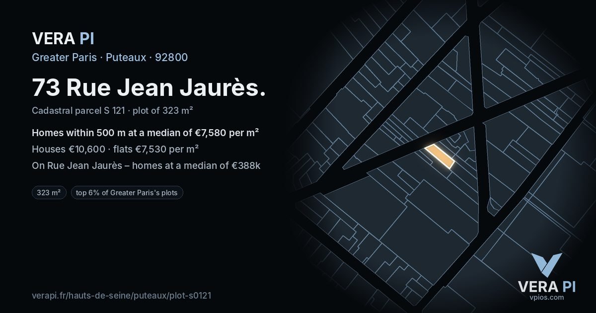 73 Rue Jean Jaurès, Puteaux at night – the plot lit, the parcels around coloured by the prices near them