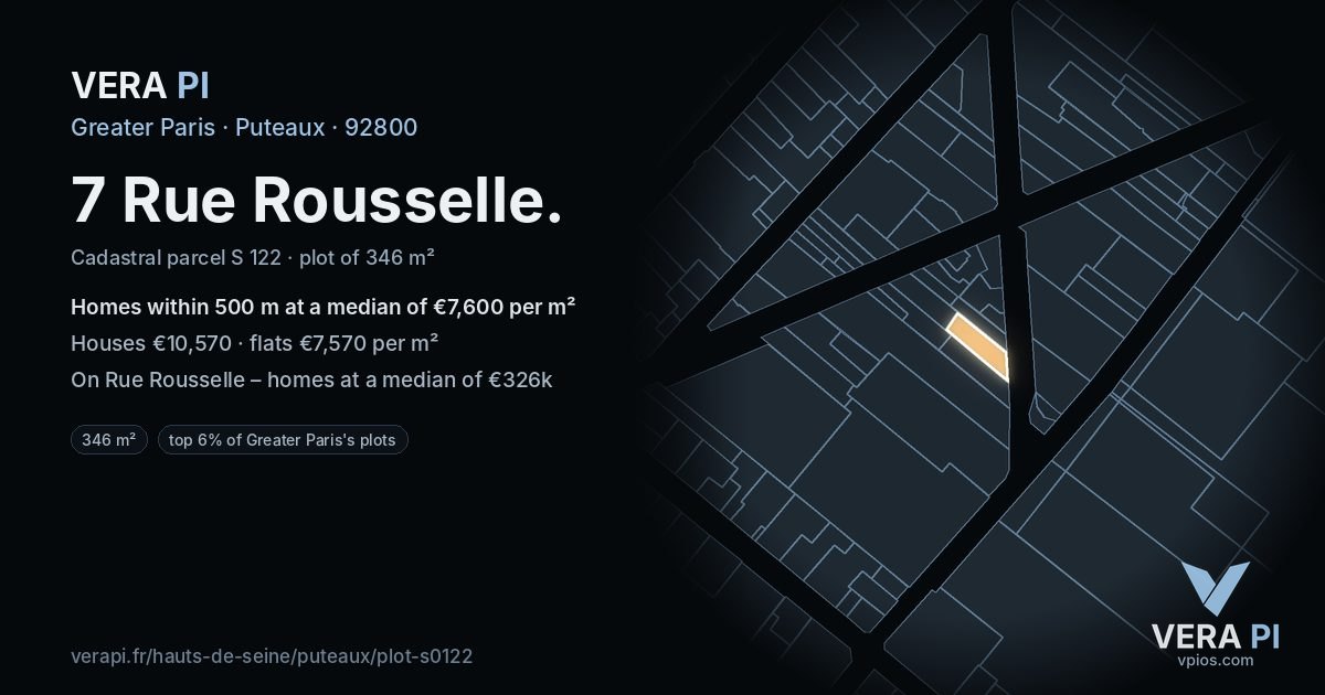 7 Rue Rousselle, Puteaux at night – the plot lit, the parcels around coloured by the prices near them