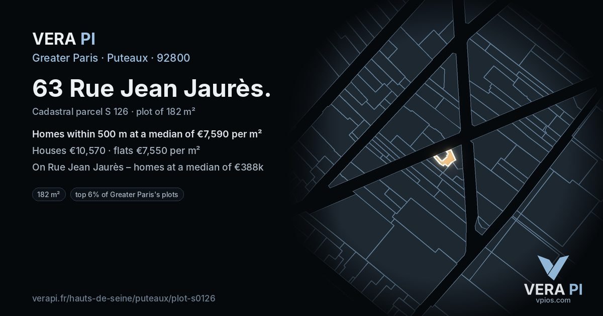 63 Rue Jean Jaurès, Puteaux at night – the plot lit, the parcels around coloured by the prices near them