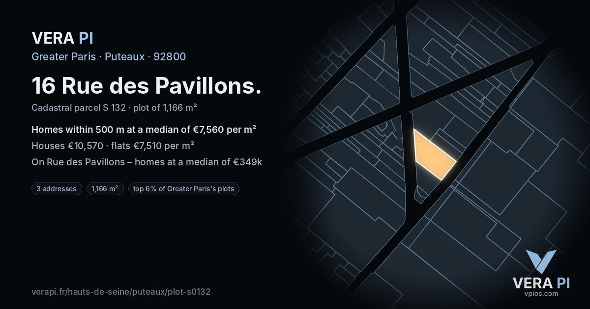 16 Rue des Pavillons, Puteaux at night – the plot lit, the parcels around coloured by the prices near them
