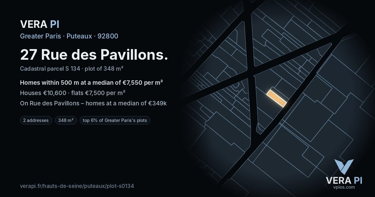 27 Rue des Pavillons, Puteaux at night – the plot lit, the parcels around coloured by the prices near them