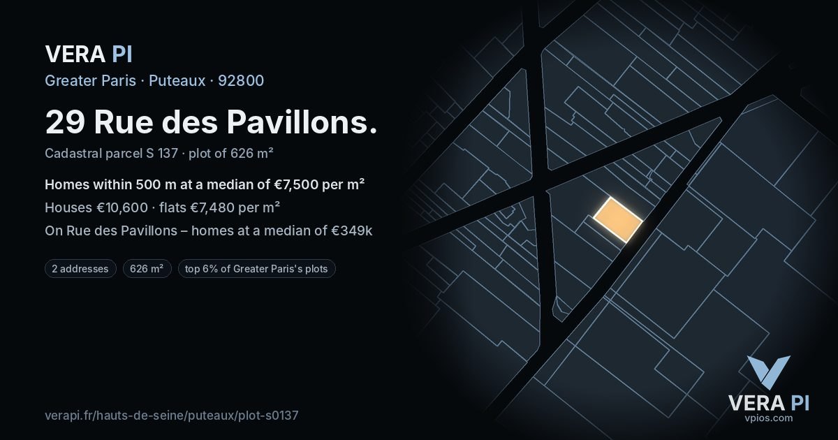 29 Rue des Pavillons, Puteaux at night – the plot lit, the parcels around coloured by the prices near them