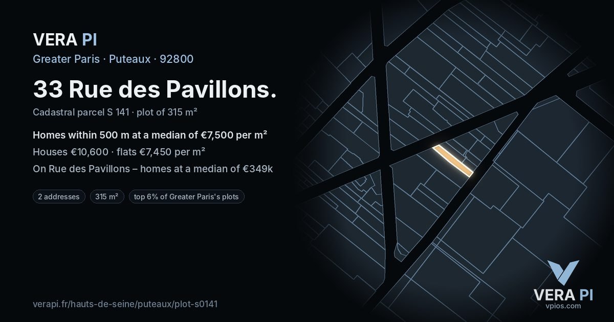 33 Rue des Pavillons, Puteaux at night – the plot lit, the parcels around coloured by the prices near them