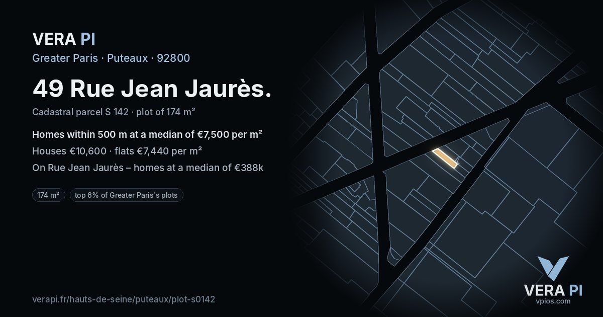 49 Rue Jean Jaurès, Puteaux at night – the plot lit, the parcels around coloured by the prices near them
