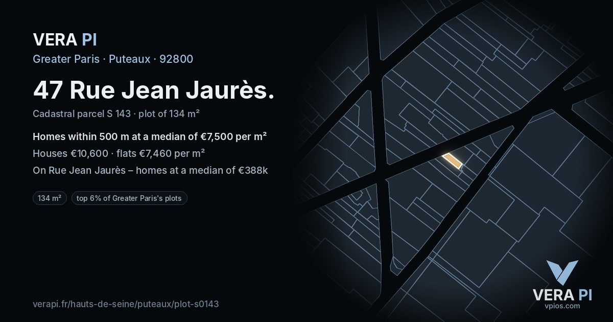 47 Rue Jean Jaurès, Puteaux at night – the plot lit, the parcels around coloured by the prices near them