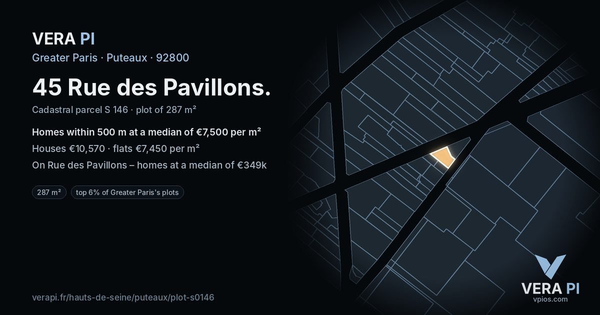 45 Rue des Pavillons, Puteaux at night – the plot lit, the parcels around coloured by the prices near them