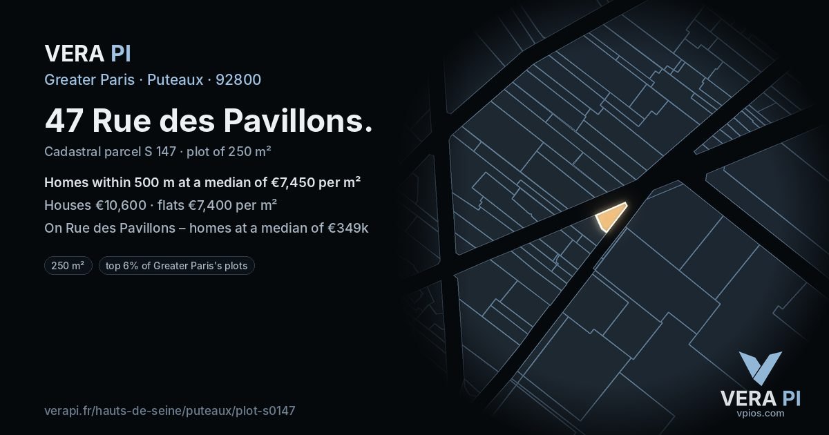 47 Rue des Pavillons, Puteaux at night – the plot lit, the parcels around coloured by the prices near them