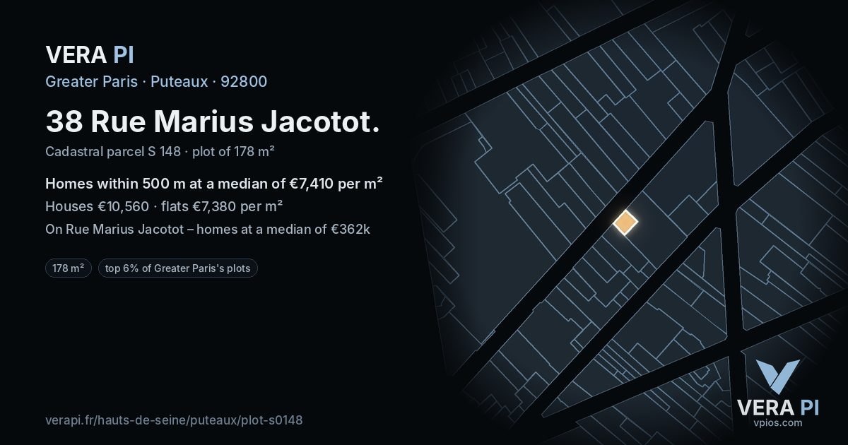 38 Rue Marius Jacotot, Puteaux at night – the plot lit, the parcels around coloured by the prices near them