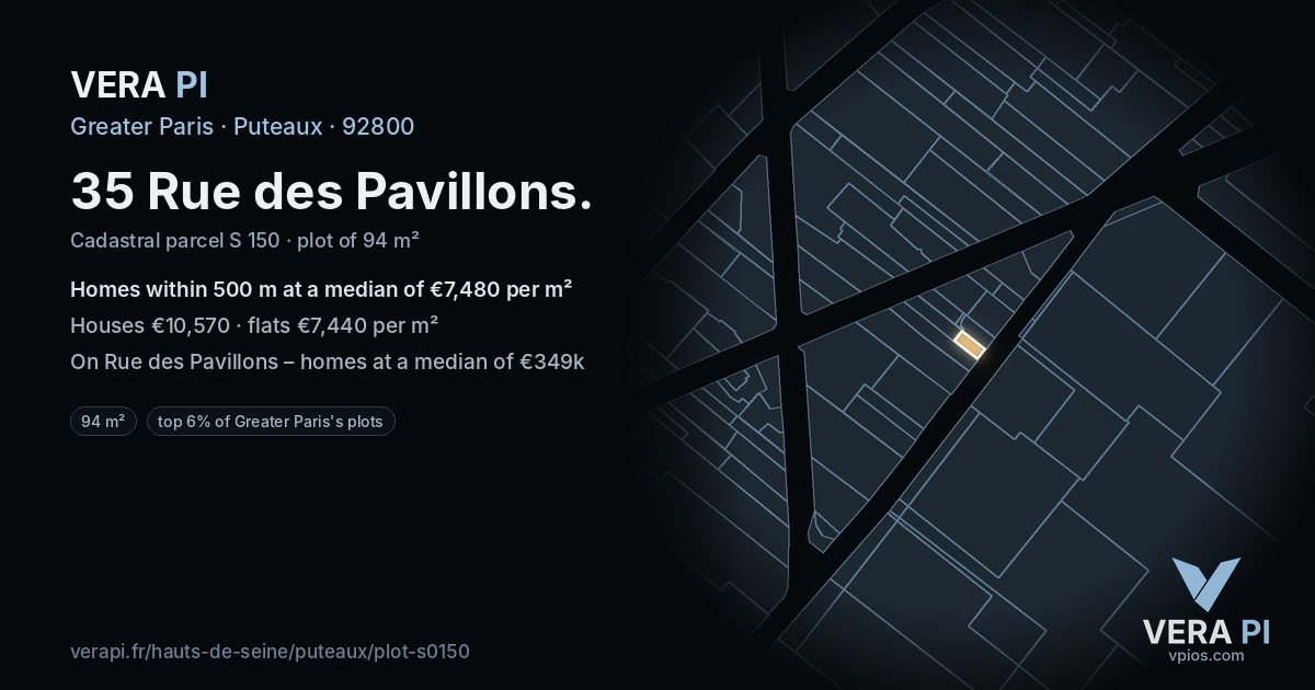 35 Rue des Pavillons, Puteaux at night – the plot lit, the parcels around coloured by the prices near them