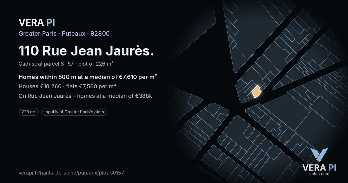 110 Rue Jean Jaurès, Puteaux at night – the plot lit, the parcels around coloured by the prices near them