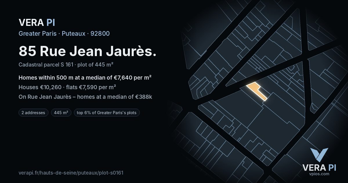 85 Rue Jean Jaurès, Puteaux at night – the plot lit, the parcels around coloured by the prices near them