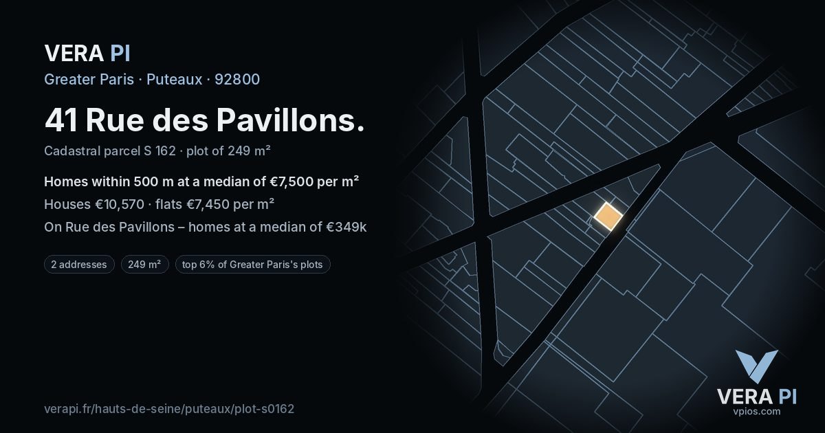 41 Rue des Pavillons, Puteaux at night – the plot lit, the parcels around coloured by the prices near them