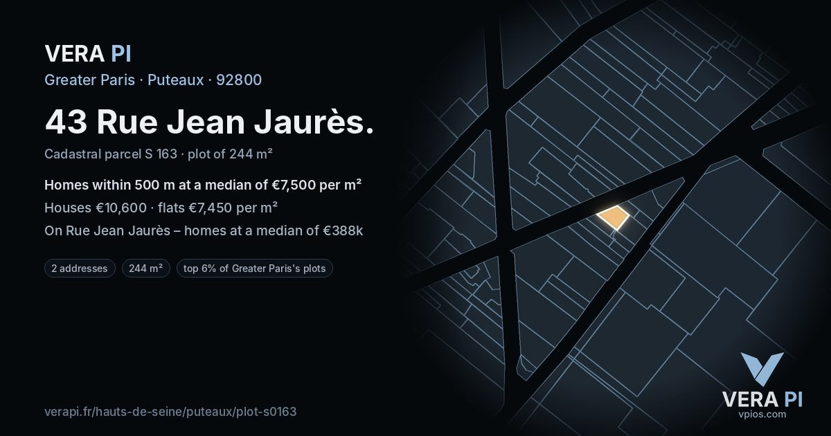 43 Rue Jean Jaurès, Puteaux at night – the plot lit, the parcels around coloured by the prices near them