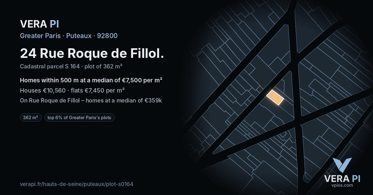 24 Rue Roque de Fillol, Puteaux at night – the plot lit, the parcels around coloured by the prices near them