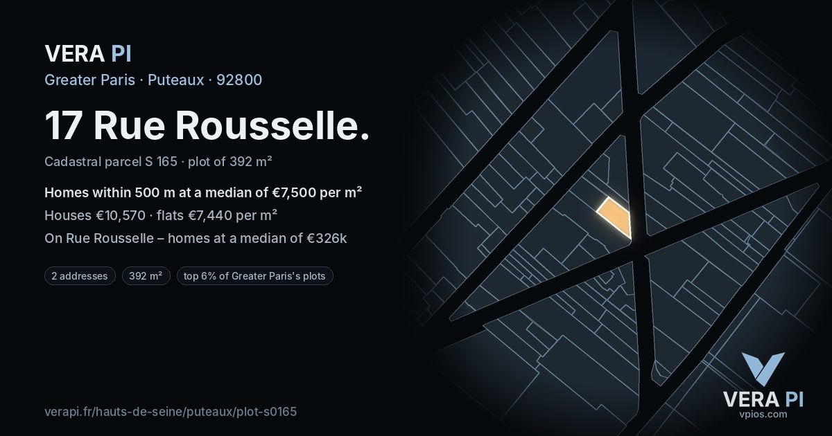 17 Rue Rousselle, Puteaux at night – the plot lit, the parcels around coloured by the prices near them