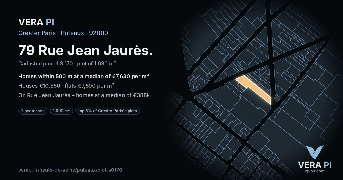 79 Rue Jean Jaurès, Puteaux at night – the plot lit, the parcels around coloured by the prices near them