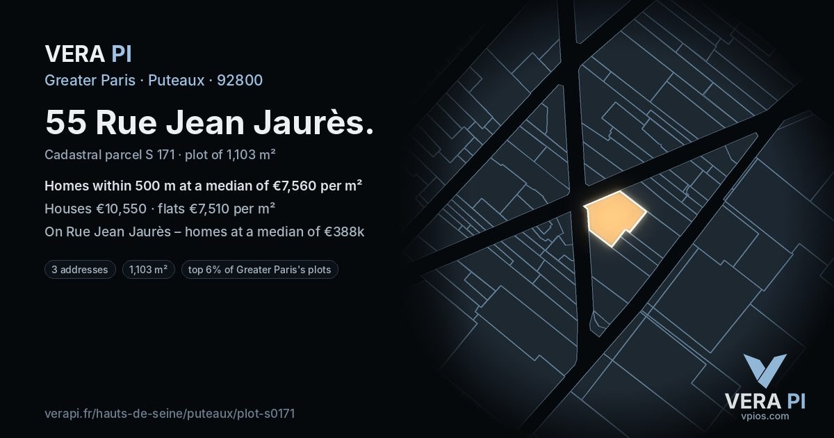 55 Rue Jean Jaurès, Puteaux at night – the plot lit, the parcels around coloured by the prices near them
