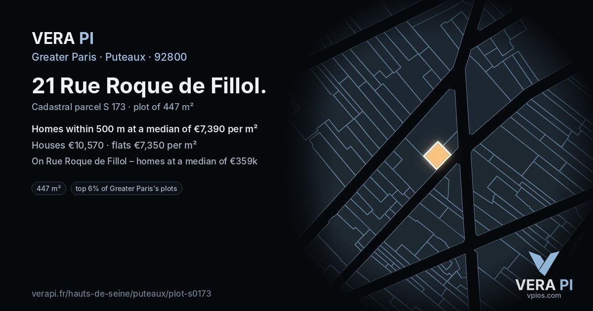 21 Rue Roque de Fillol, Puteaux at night – the plot lit, the parcels around coloured by the prices near them