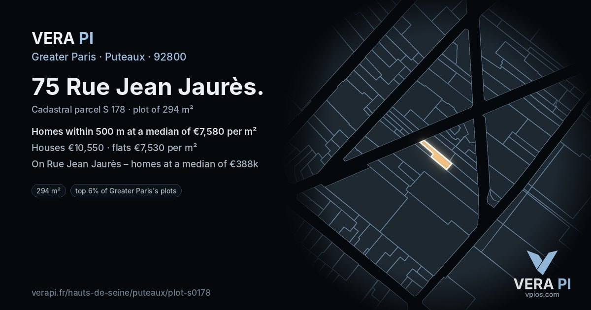 75 Rue Jean Jaurès, Puteaux at night – the plot lit, the parcels around coloured by the prices near them