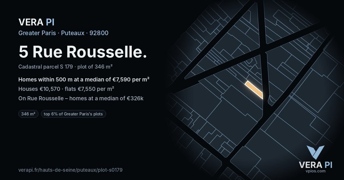 5 Rue Rousselle, Puteaux at night – the plot lit, the parcels around coloured by the prices near them