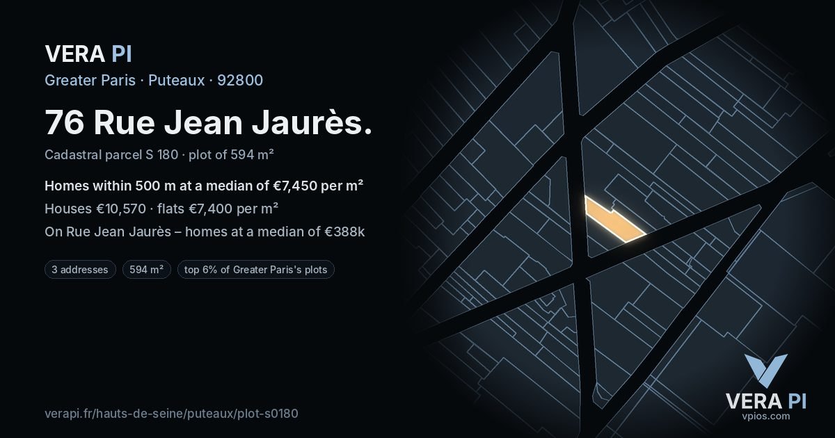 76 Rue Jean Jaurès, Puteaux at night – the plot lit, the parcels around coloured by the prices near them