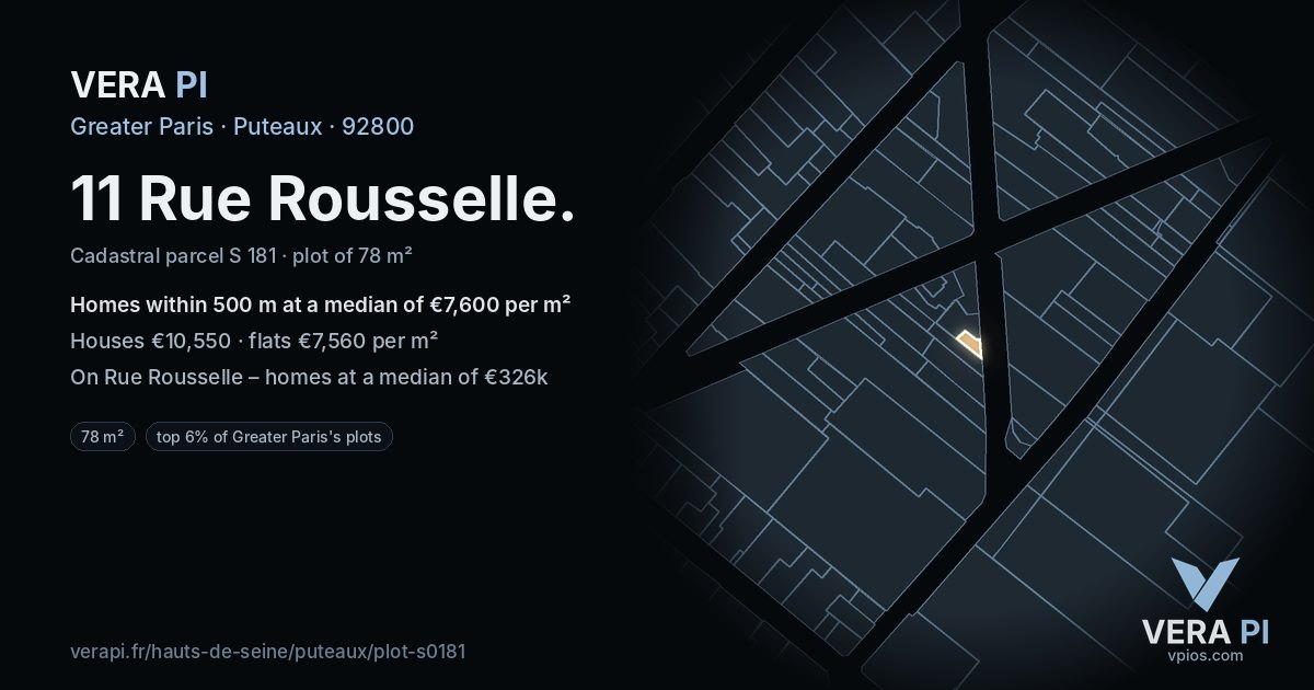 11 Rue Rousselle, Puteaux at night – the plot lit, the parcels around coloured by the prices near them
