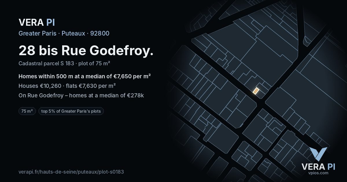 28 bis Rue Godefroy, Puteaux at night – the plot lit, the parcels around coloured by the prices near them