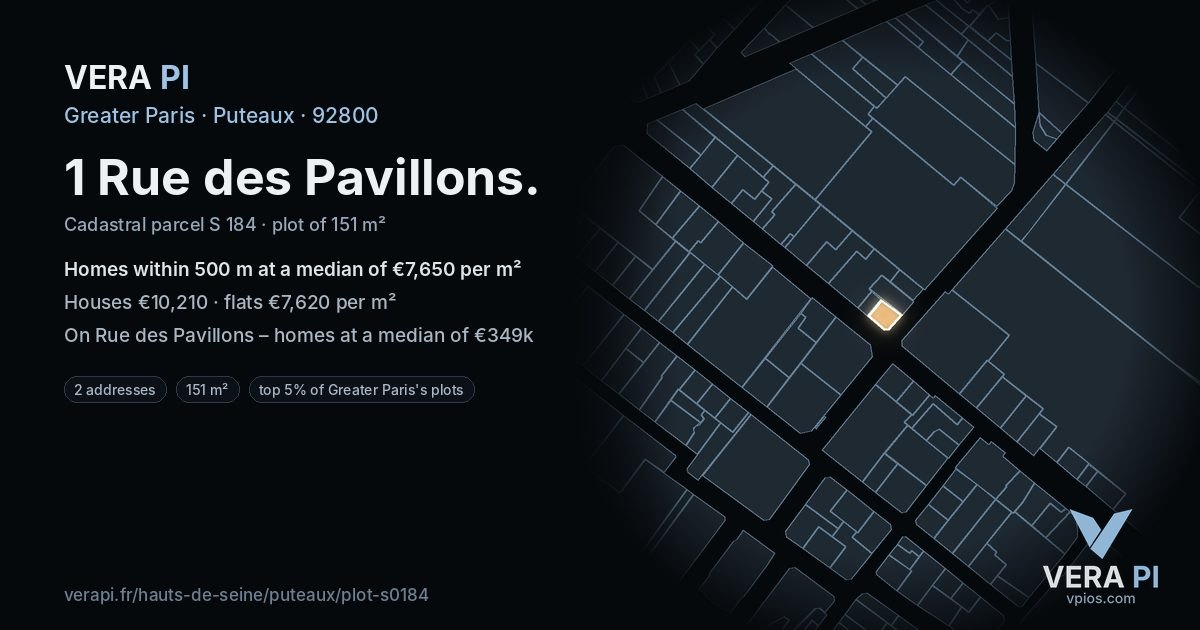1 Rue des Pavillons, Puteaux at night – the plot lit, the parcels around coloured by the prices near them