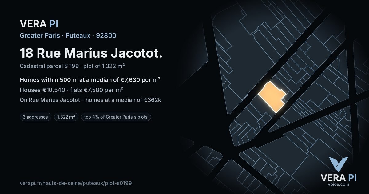 18 Rue Marius Jacotot, Puteaux at night – the plot lit, the parcels around coloured by the prices near them