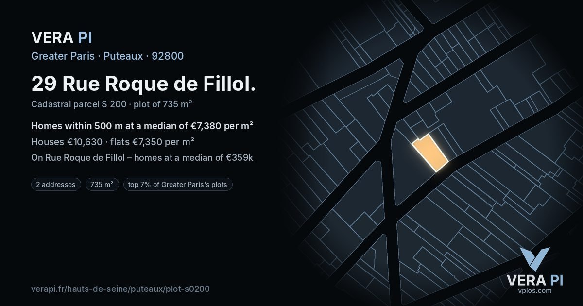 29 Rue Roque de Fillol, Puteaux at night – the plot lit, the parcels around coloured by the prices near them