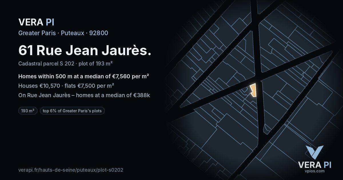 61 Rue Jean Jaurès, Puteaux at night – the plot lit, the parcels around coloured by the prices near them