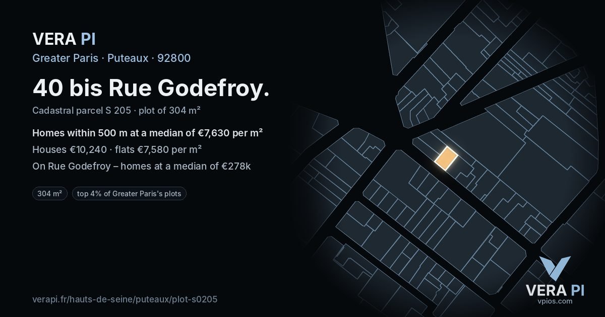 40 bis Rue Godefroy, Puteaux at night – the plot lit, the parcels around coloured by the prices near them