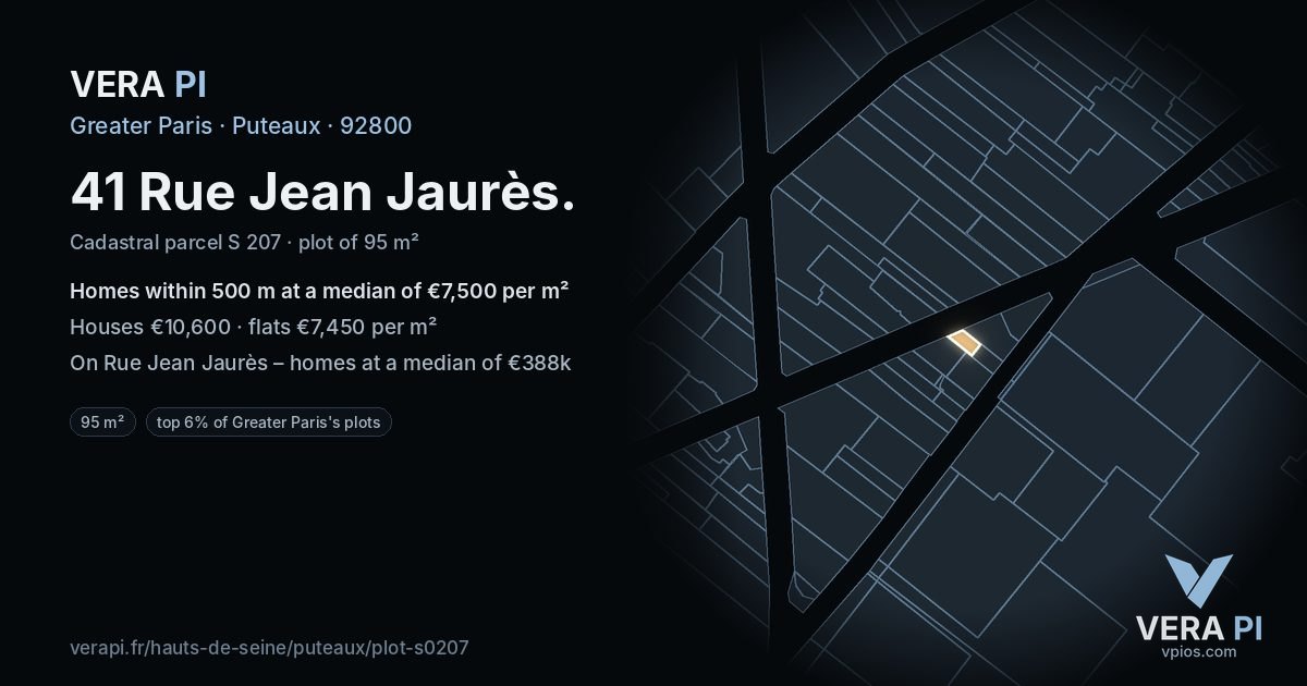 41 Rue Jean Jaurès, Puteaux at night – the plot lit, the parcels around coloured by the prices near them