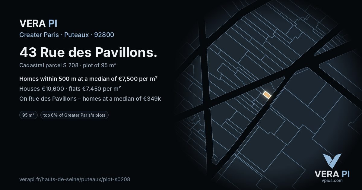 43 Rue des Pavillons, Puteaux at night – the plot lit, the parcels around coloured by the prices near them