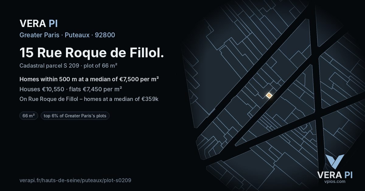 15 Rue Roque de Fillol, Puteaux at night – the plot lit, the parcels around coloured by the prices near them