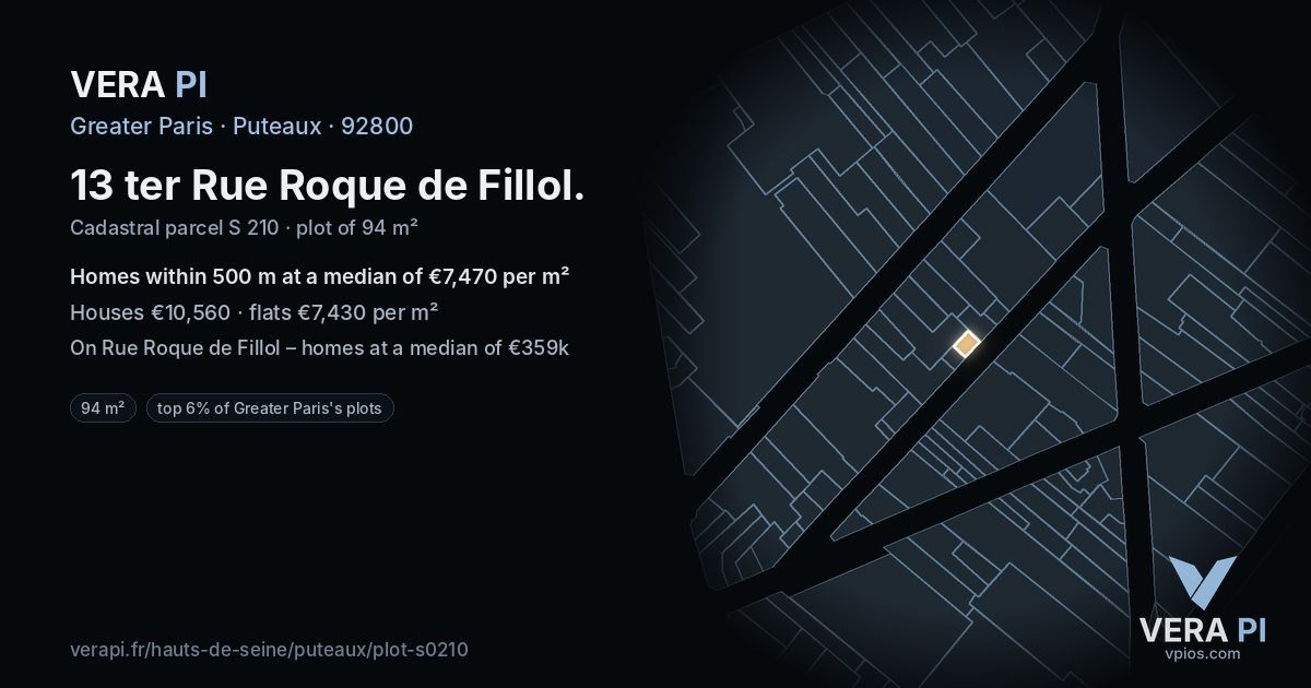 13 ter Rue Roque de Fillol, Puteaux at night – the plot lit, the parcels around coloured by the prices near them