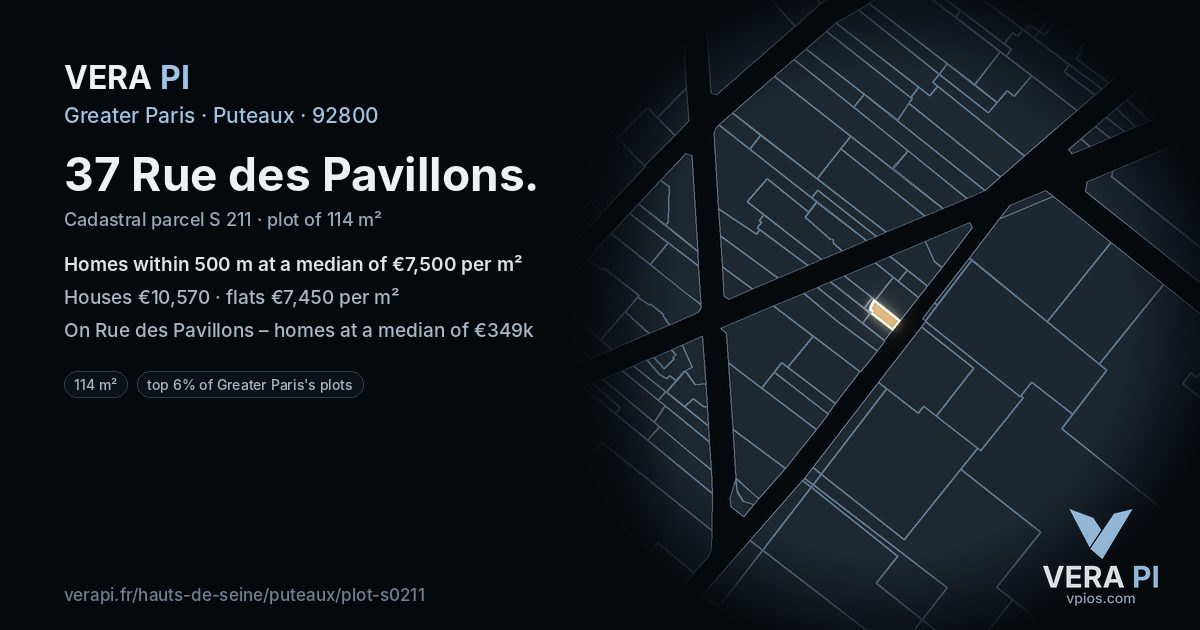 37 Rue des Pavillons, Puteaux at night – the plot lit, the parcels around coloured by the prices near them