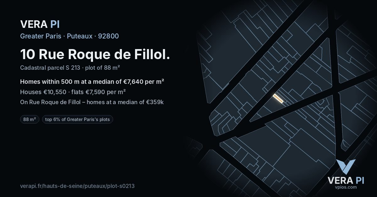 10 Rue Roque de Fillol, Puteaux at night – the plot lit, the parcels around coloured by the prices near them
