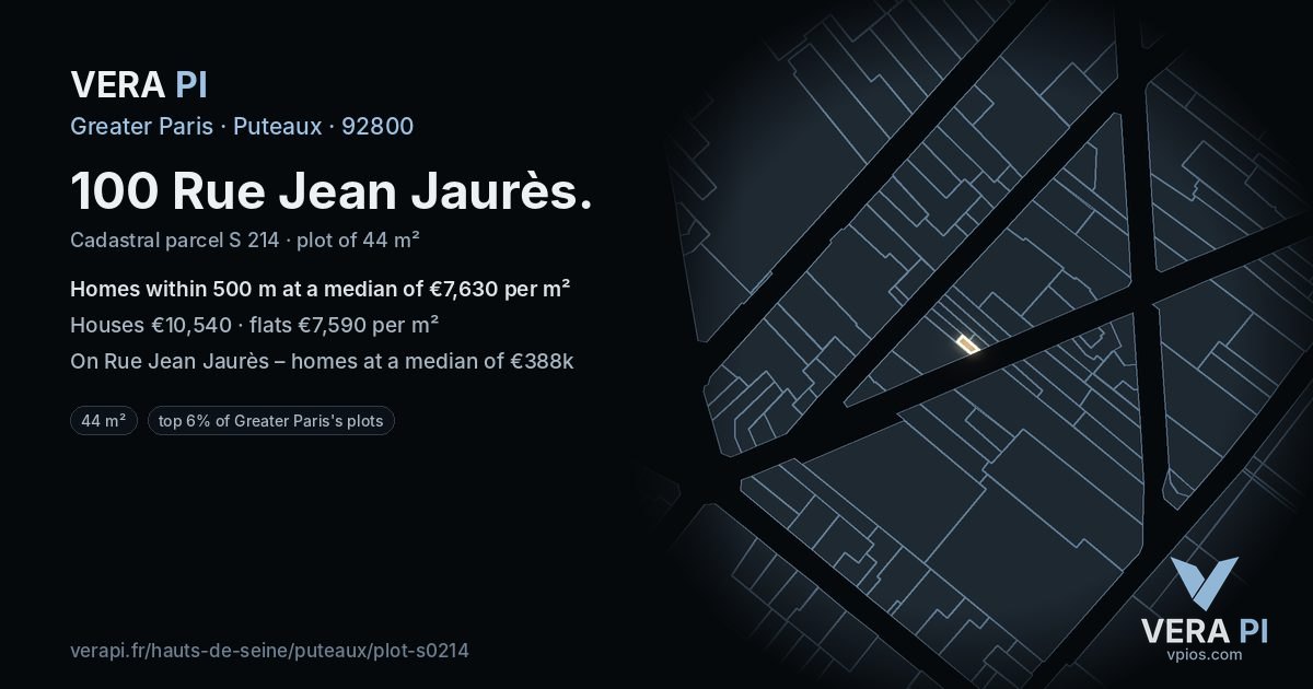100 Rue Jean Jaurès, Puteaux at night – the plot lit, the parcels around coloured by the prices near them