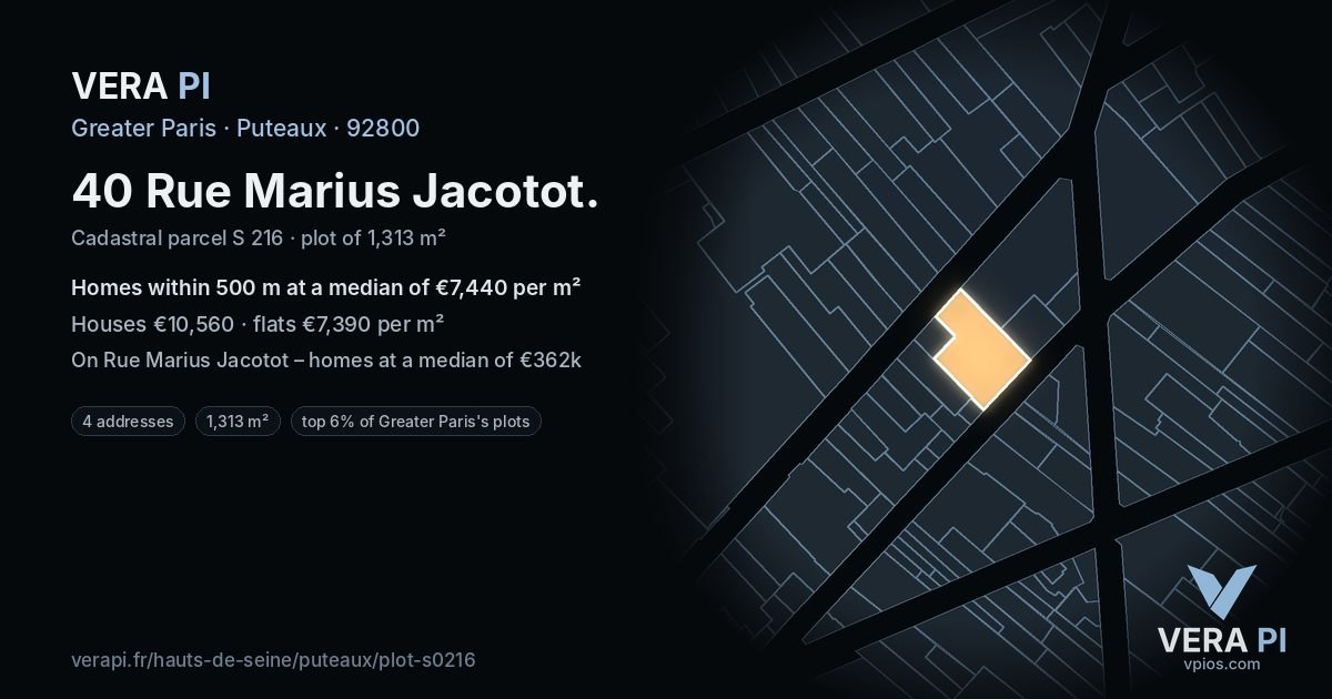 40 Rue Marius Jacotot, Puteaux at night – the plot lit, the parcels around coloured by the prices near them