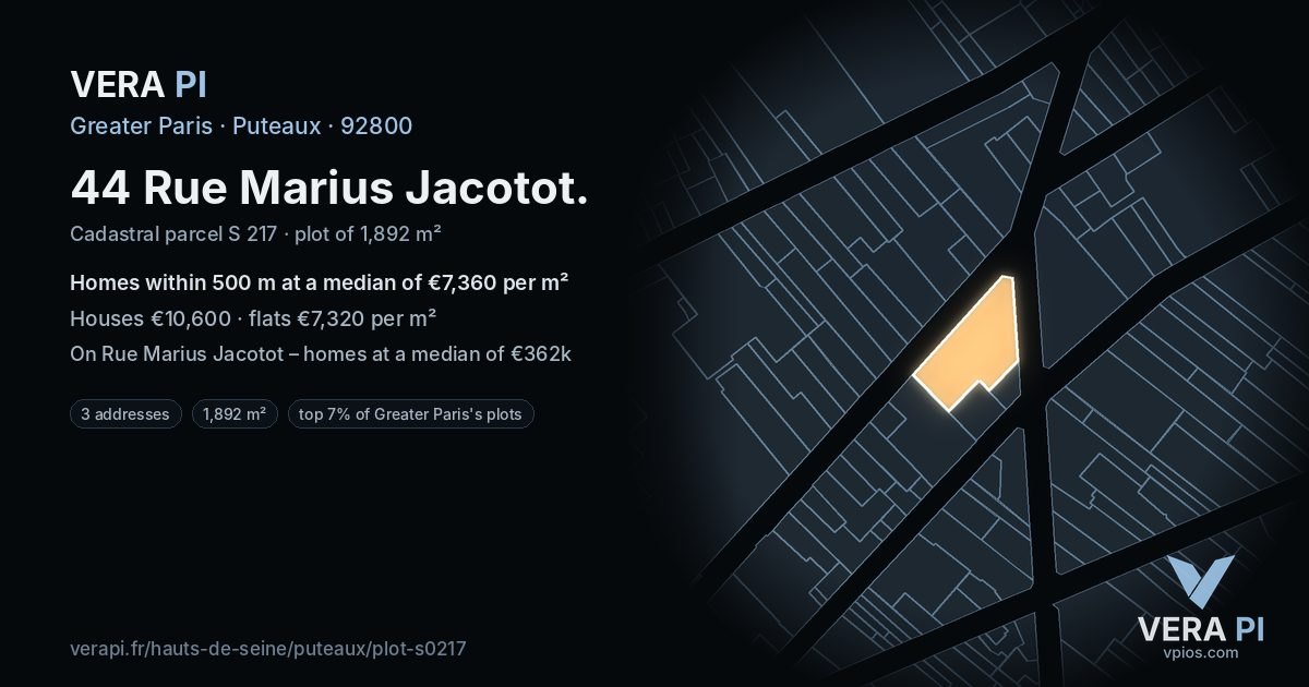 44 Rue Marius Jacotot, Puteaux at night – the plot lit, the parcels around coloured by the prices near them