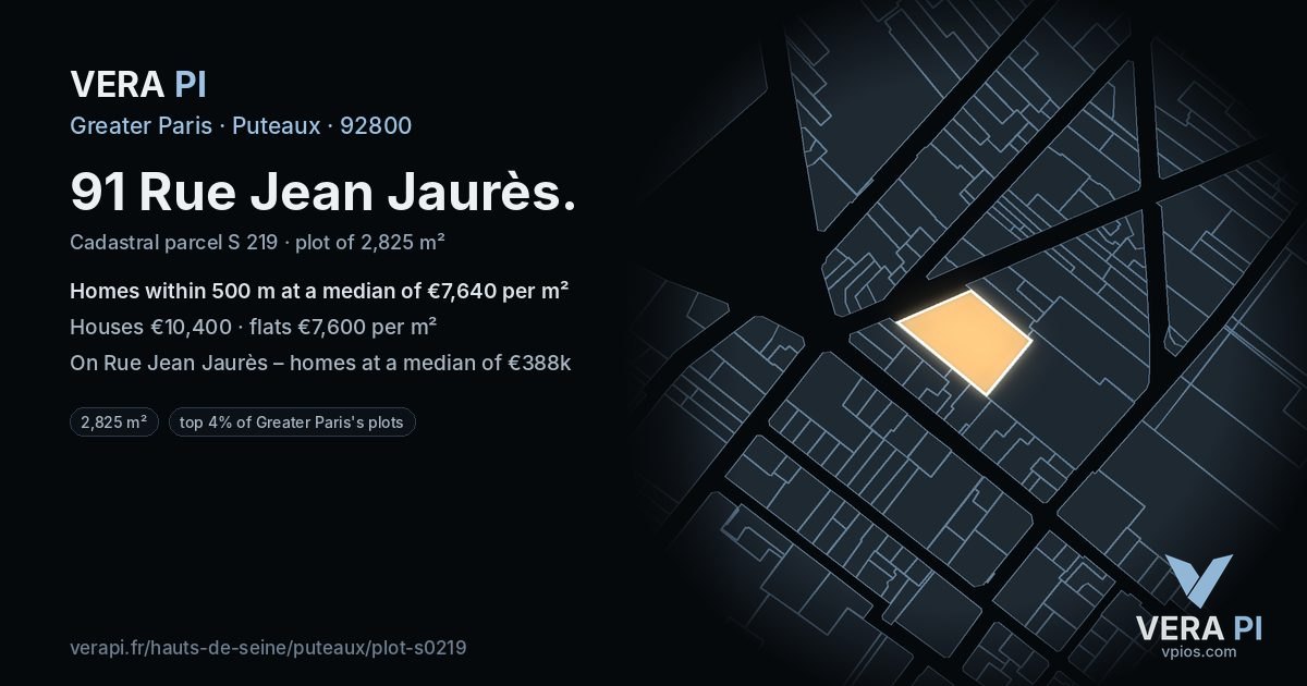 91 Rue Jean Jaurès, Puteaux at night – the plot lit, the parcels around coloured by the prices near them