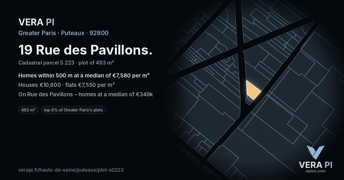 19 Rue des Pavillons, Puteaux at night – the plot lit, the parcels around coloured by the prices near them
