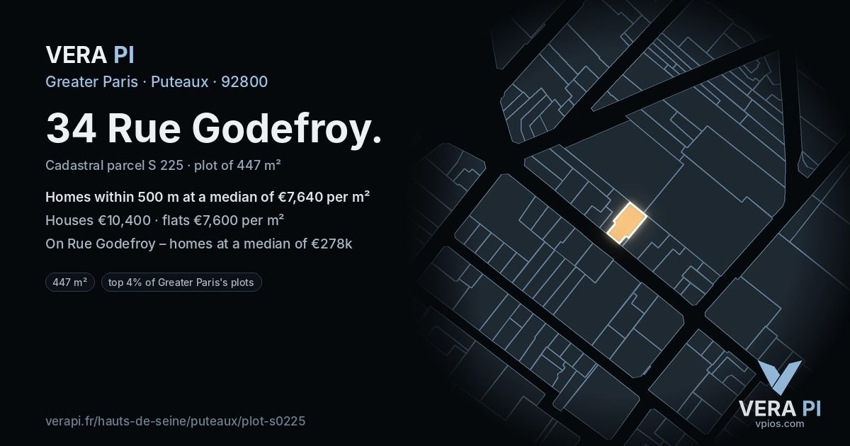 34 Rue Godefroy, Puteaux at night – the plot lit, the parcels around coloured by the prices near them