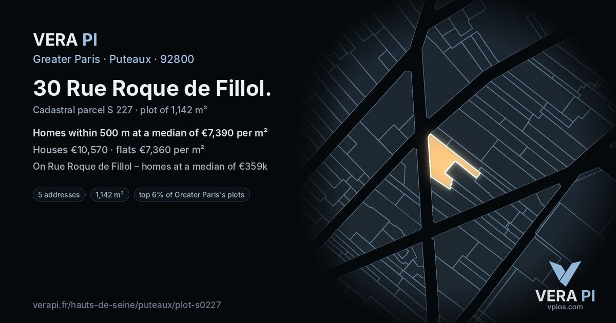 30 Rue Roque de Fillol, Puteaux at night – the plot lit, the parcels around coloured by the prices near them
