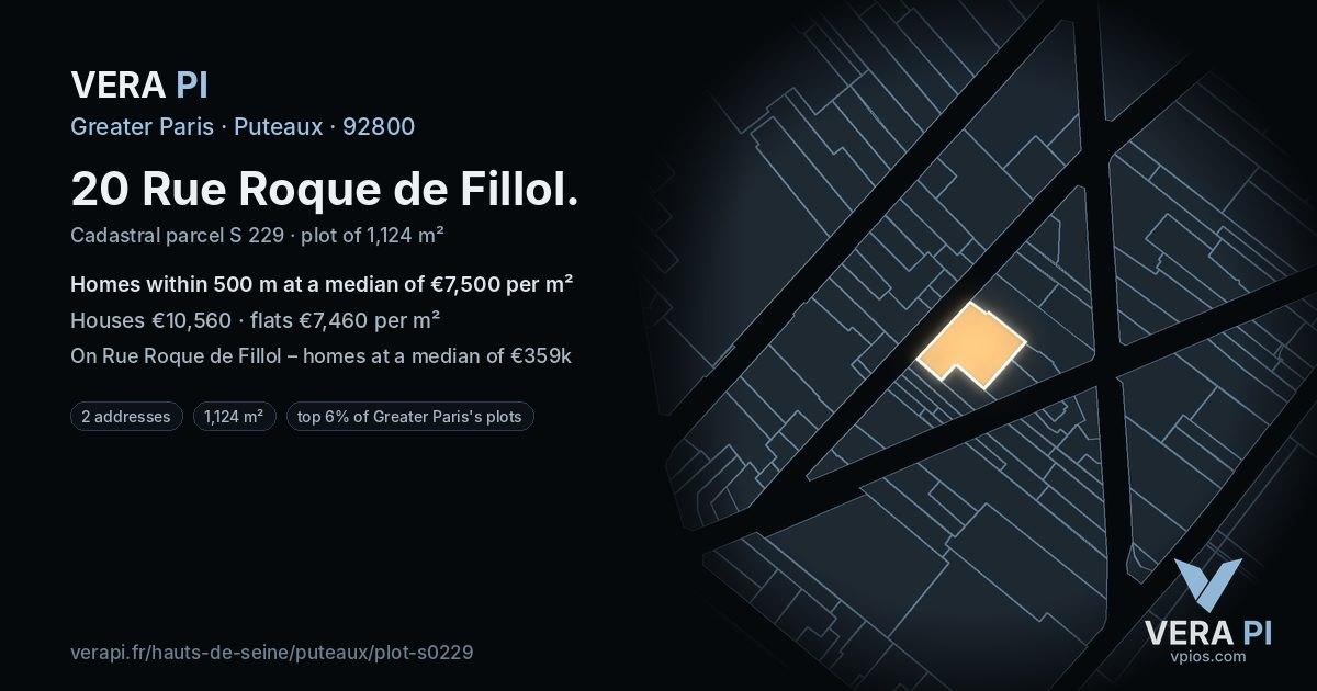20 Rue Roque de Fillol, Puteaux at night – the plot lit, the parcels around coloured by the prices near them