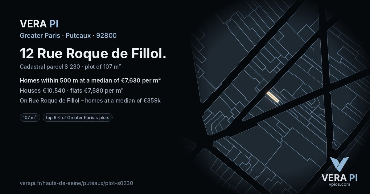 12 Rue Roque de Fillol, Puteaux at night – the plot lit, the parcels around coloured by the prices near them