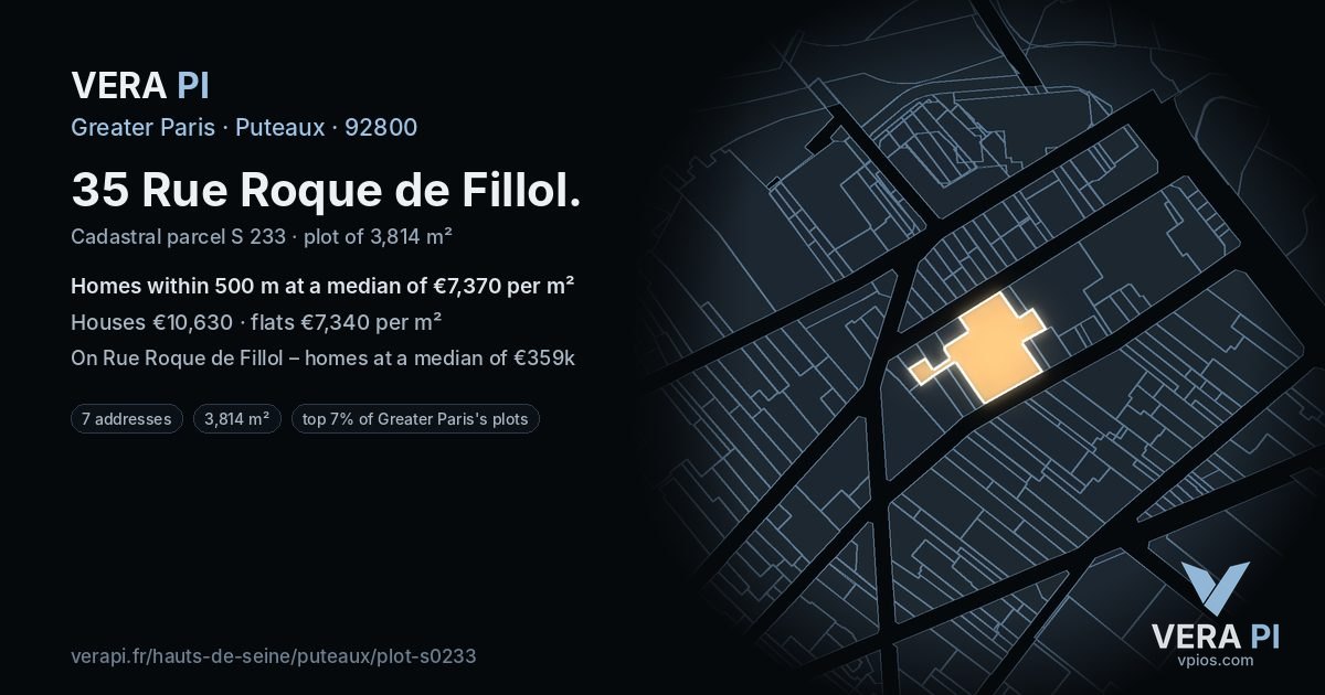 35 Rue Roque de Fillol, Puteaux at night – the plot lit, the parcels around coloured by the prices near them