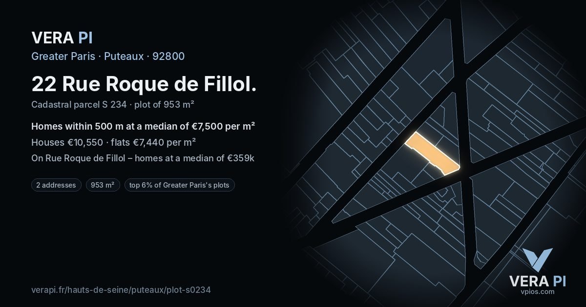 22 Rue Roque de Fillol, Puteaux at night – the plot lit, the parcels around coloured by the prices near them